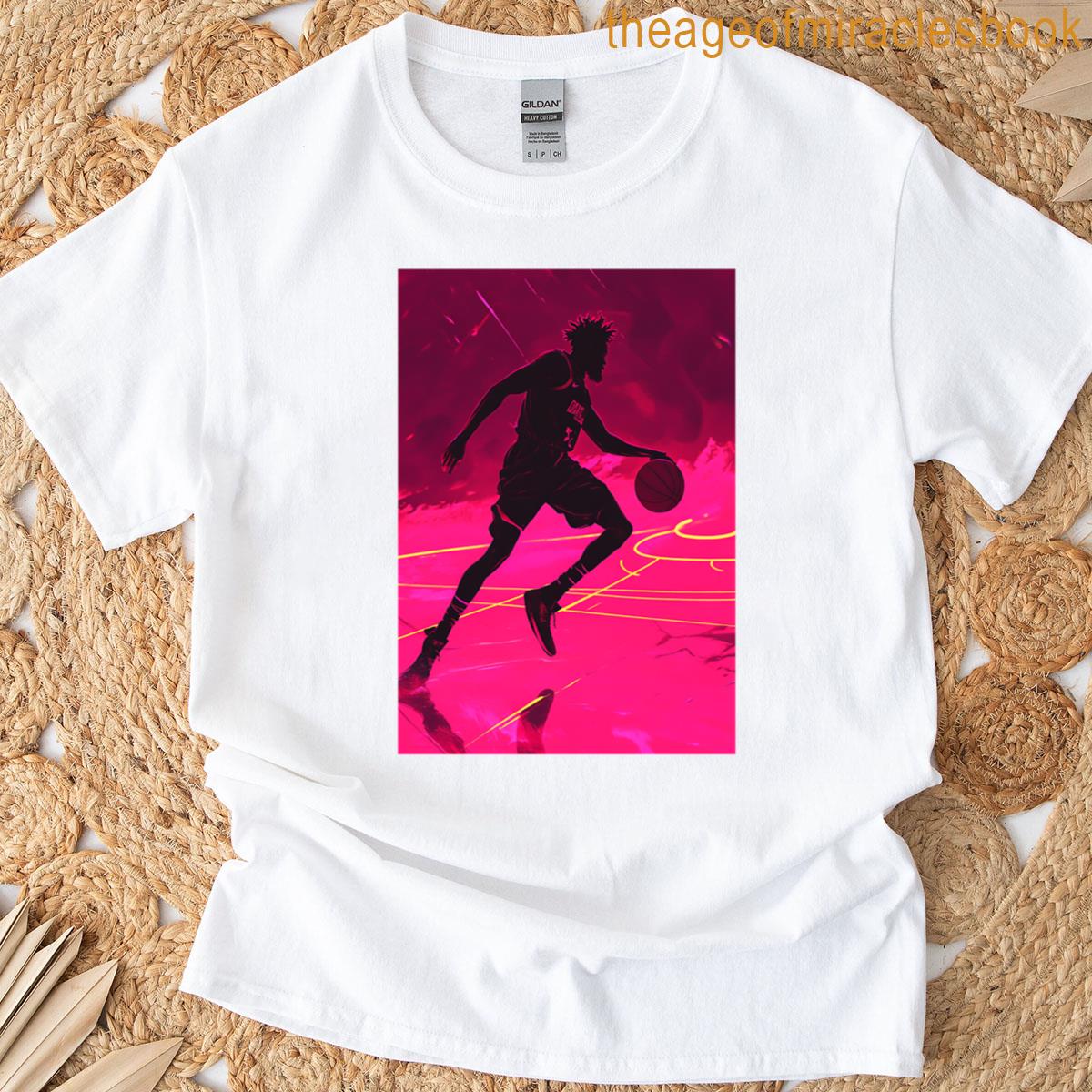 Monochrome Silhouette Of A Basketball Player Against A Neon-lit Court Active Outdoors Inspired Art T-shirt