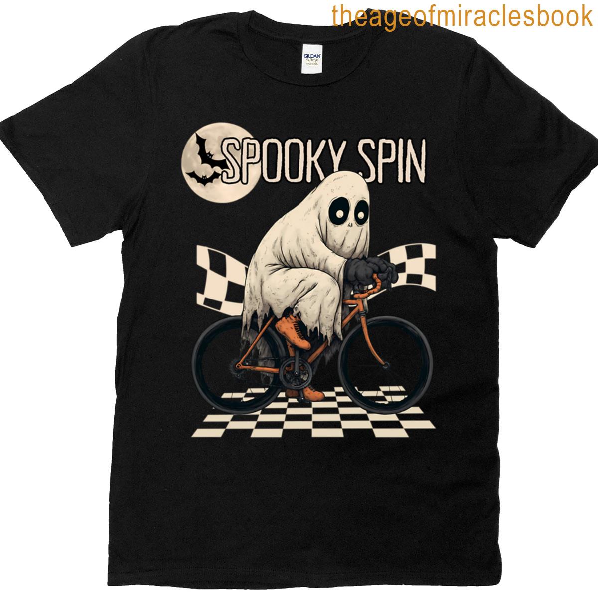 Spooky Spin Ghost Cyclist Halloween Bike Ride Art T-shirt