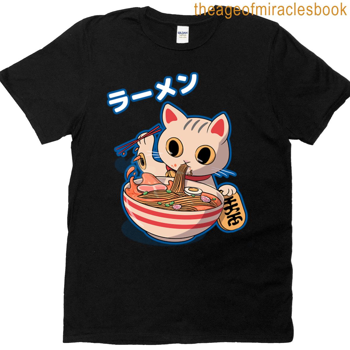 Cute Kawaii Cat Eating Raman Soup Noodles T-shirt