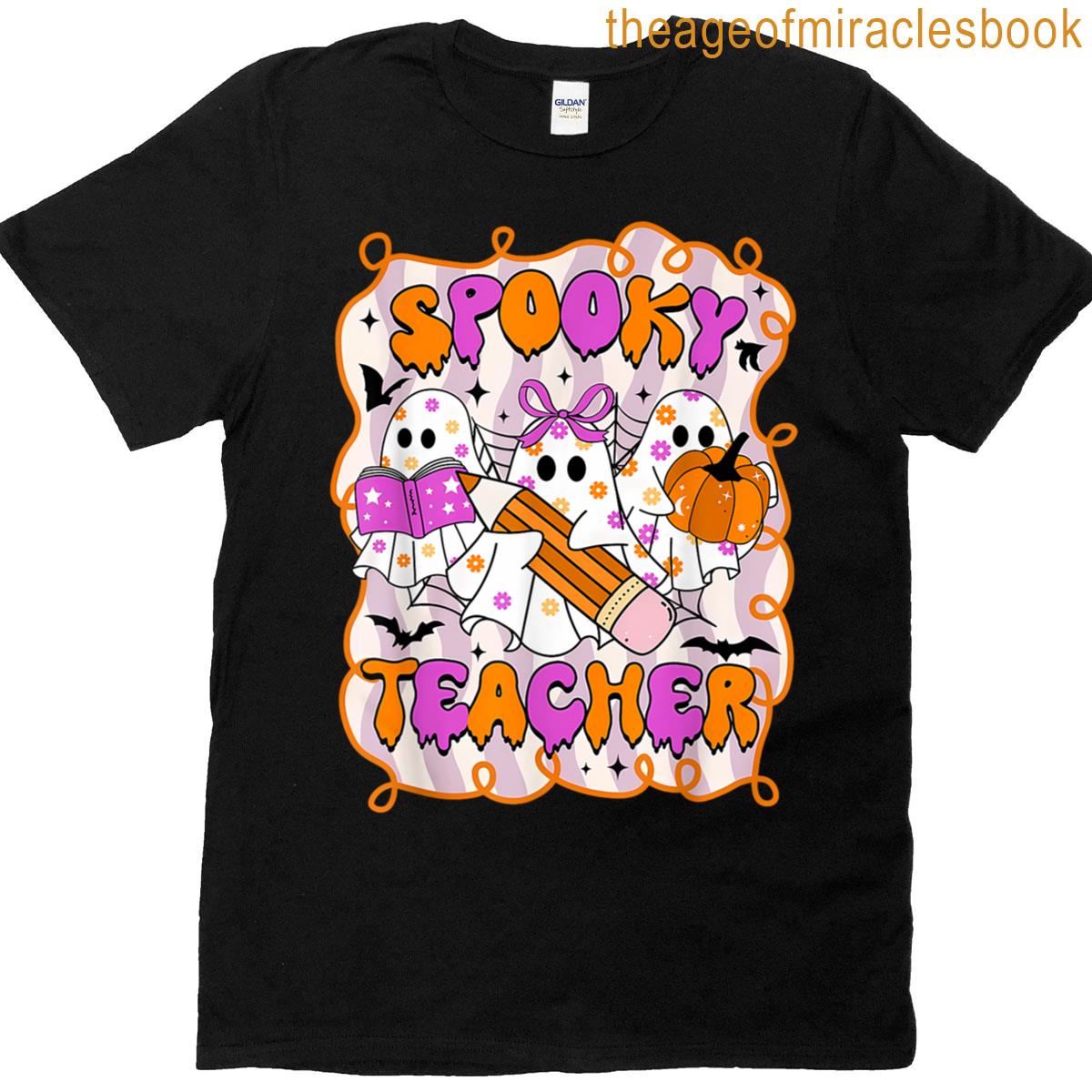 Trick Or Teach Preppy Ghost Spooky Halloween Teacher Groovy T-shirt