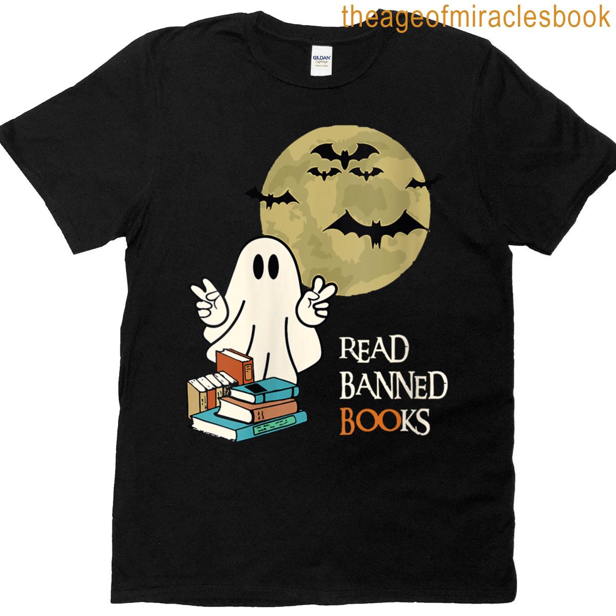 Womens Retro Read Banned Books Halloween Funny Ghost Reading T-shirt