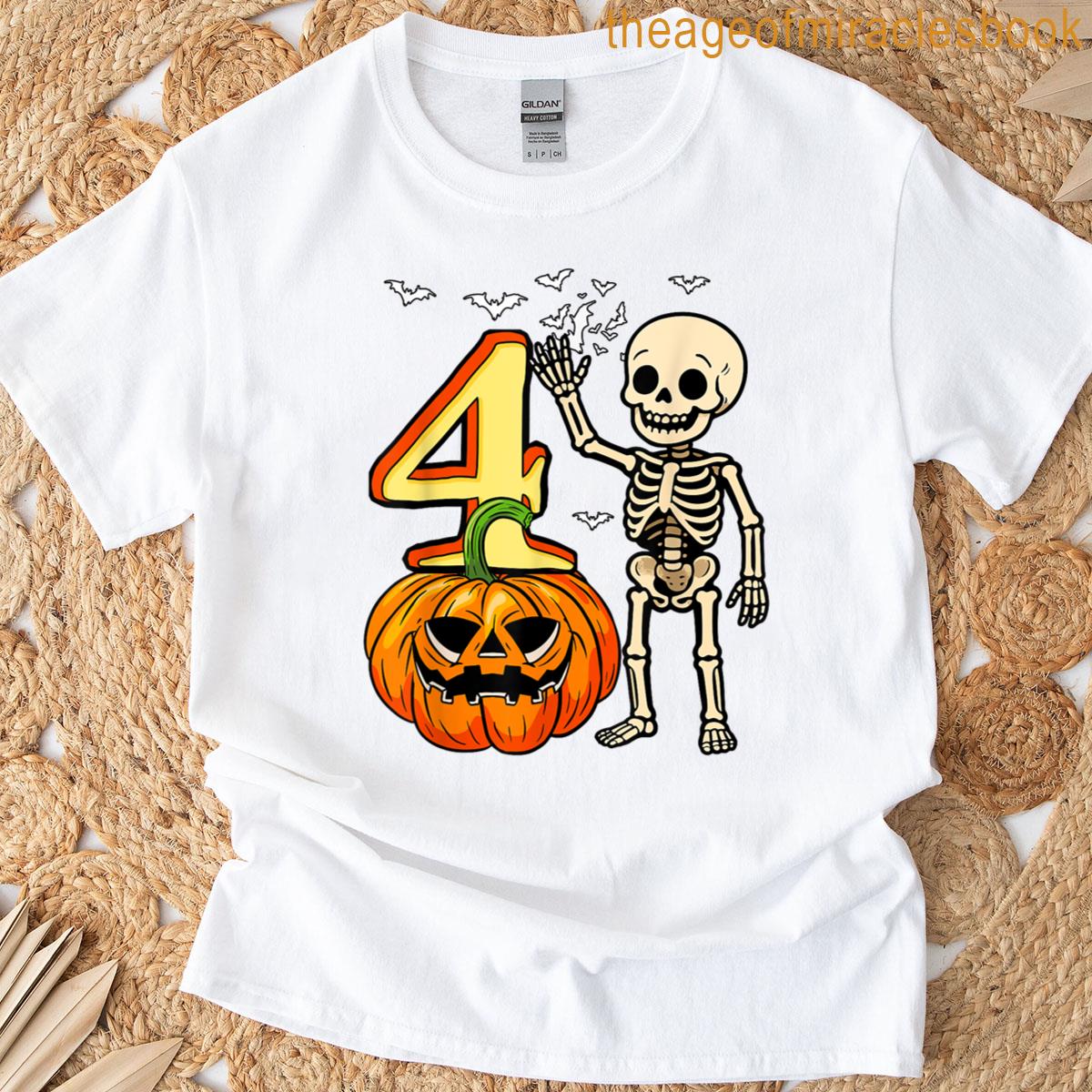 4 Halloween Skeleton 4th Birthday Horror Carved Pumpkin T-shirt