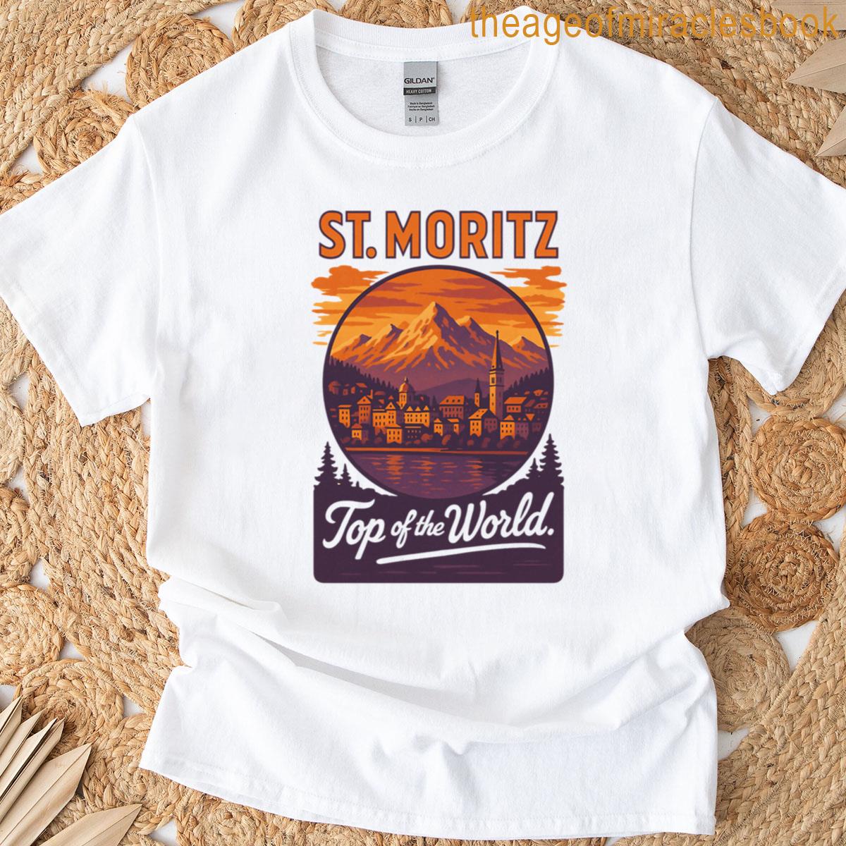 Vintage St Moritz Cityscape Poster Retro Sunset Travel Art Featuring Top Of The World T-shirt