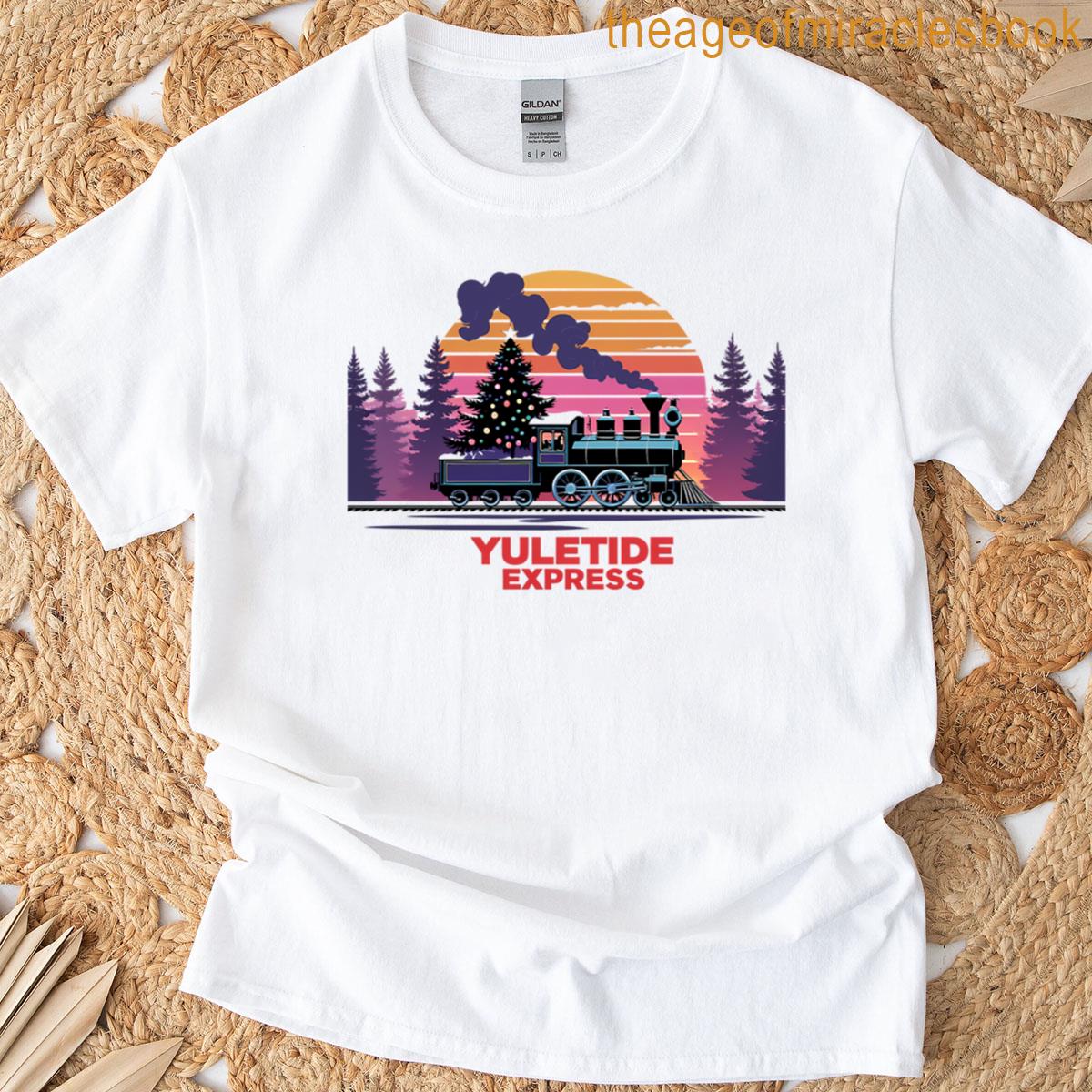 Yuletide Express Retro Christmas Train In Snowy Sunset Forest T-shirt