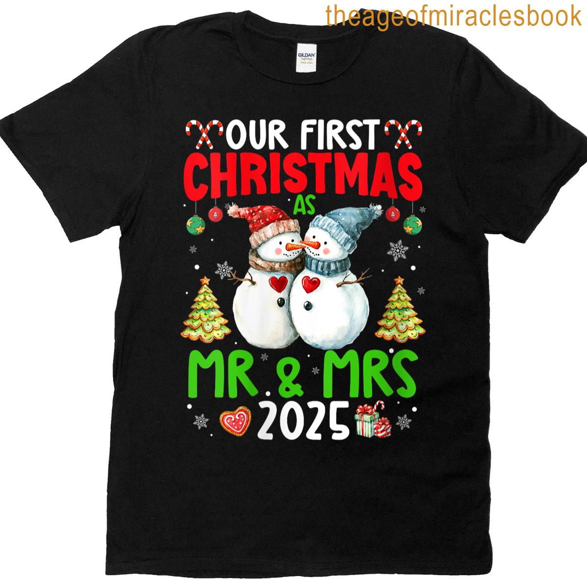 Womens Our First Christmas As Mr Mrs 2025 Couple Matching Pajamas T-shirt