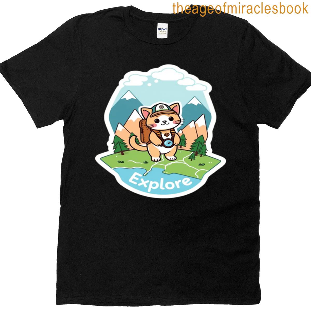 Adventure Cat Kawaii Explore Sticker Design T-shirt