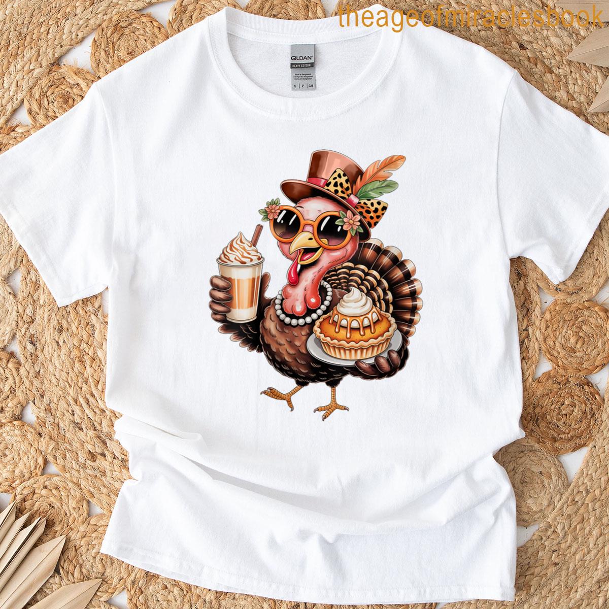 Womens Turkey Drinking Coffee Bow Thanksgiving Turkey Day Women T-shirt