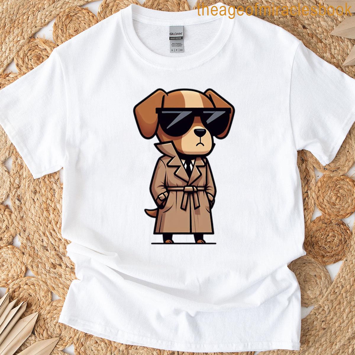 Cartoon Dog In Trench Coat And Sunglasses Secret Agent Animal Art T-shirt