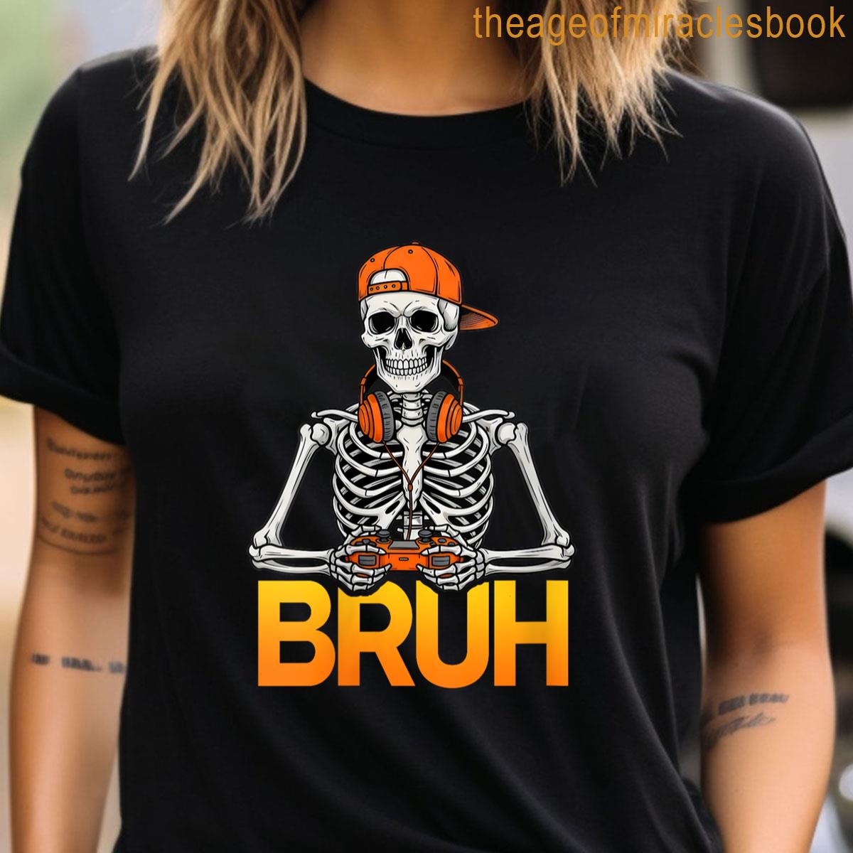 Womens Bruh Gamer Skeleton Halloween Video Game Controller