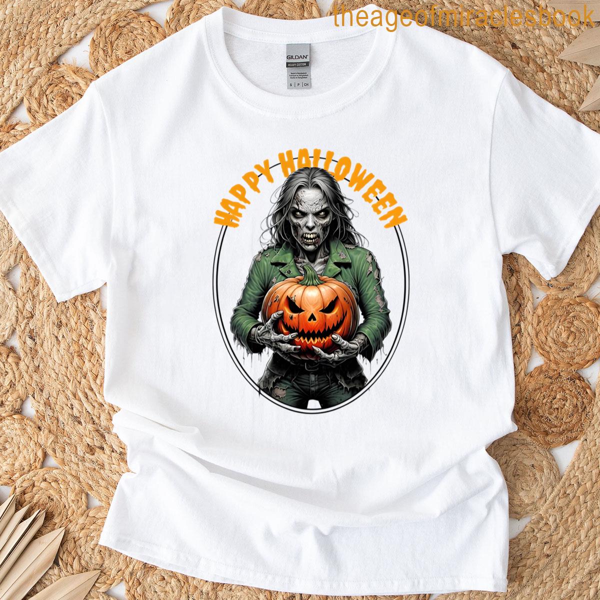 Zombie Woman With Pumpkin – Happy Halloween T-shirt