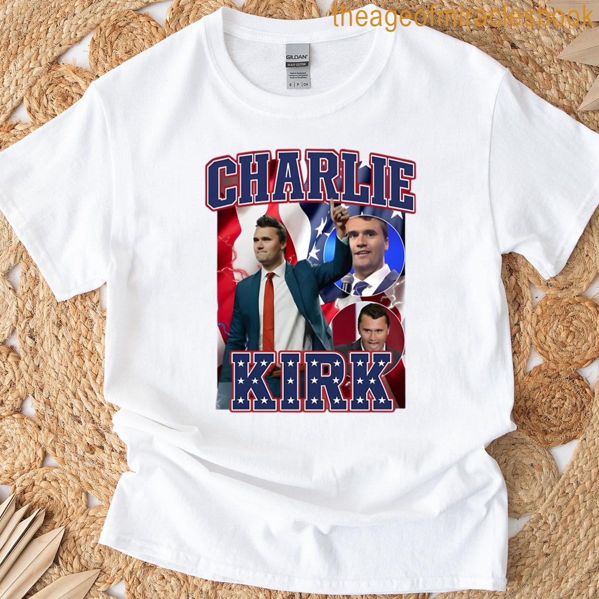 Charlie Kirk Bold Patriotic Stars Stripes Collage Design T-shirt