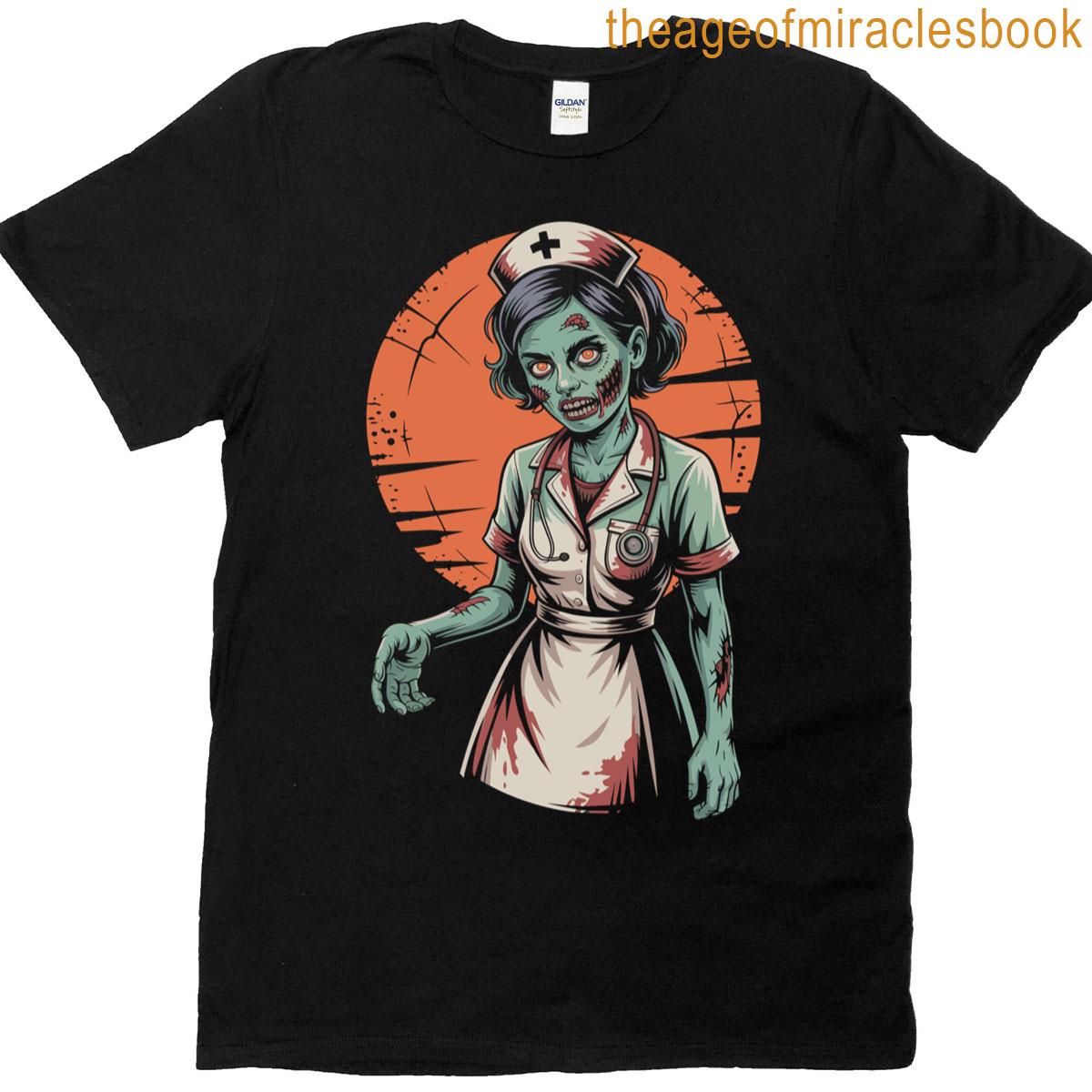 Zombie Nurse Halloween Spooky Full Moon Retro T-shirt