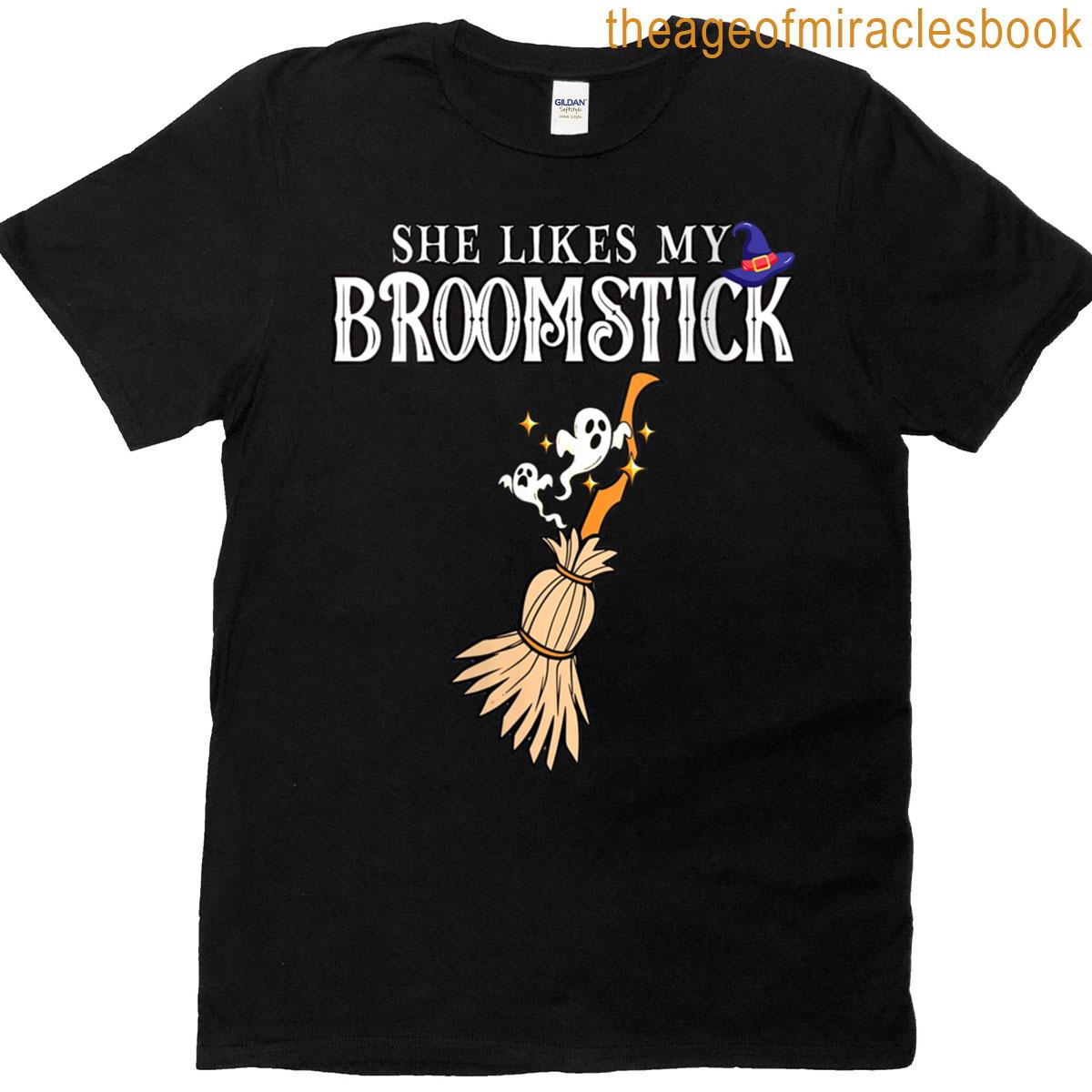 Womens She Likes My Broomstick I Love Her Pumpkins Couple Halloween T-shirt