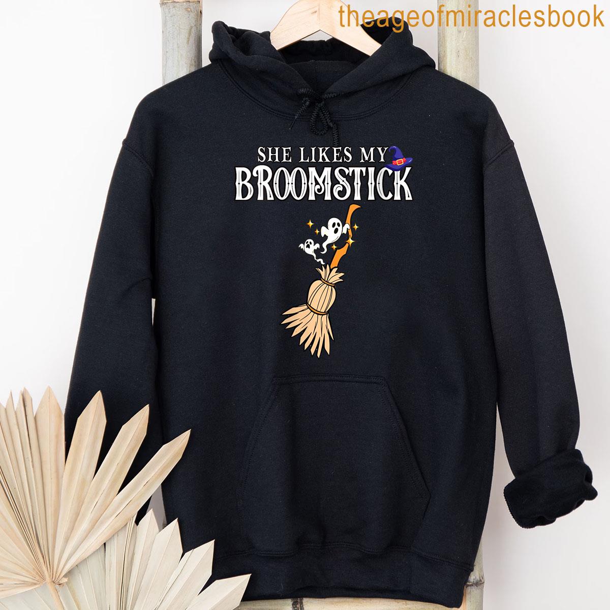 Alternative view of Womens She Likes My Broomstick I Love Her Pumpkins Couple Halloween T-shirt
