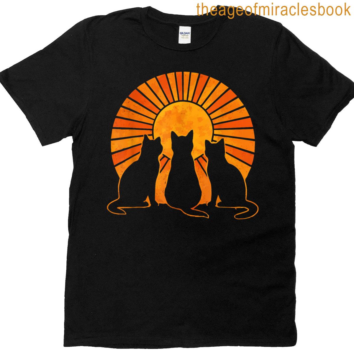 Vintage Three Cats Silhouette Sun Retro Sunset Cat Lover T-shirt