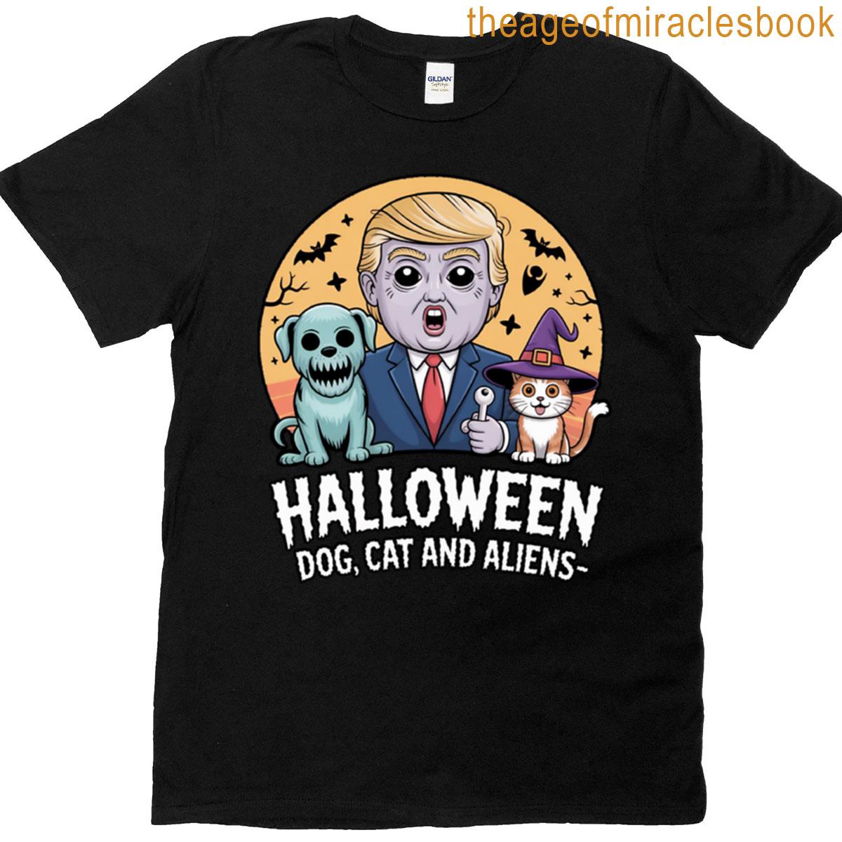 Zombie Trump Alien Halloween With Dog And Cat T-shirt