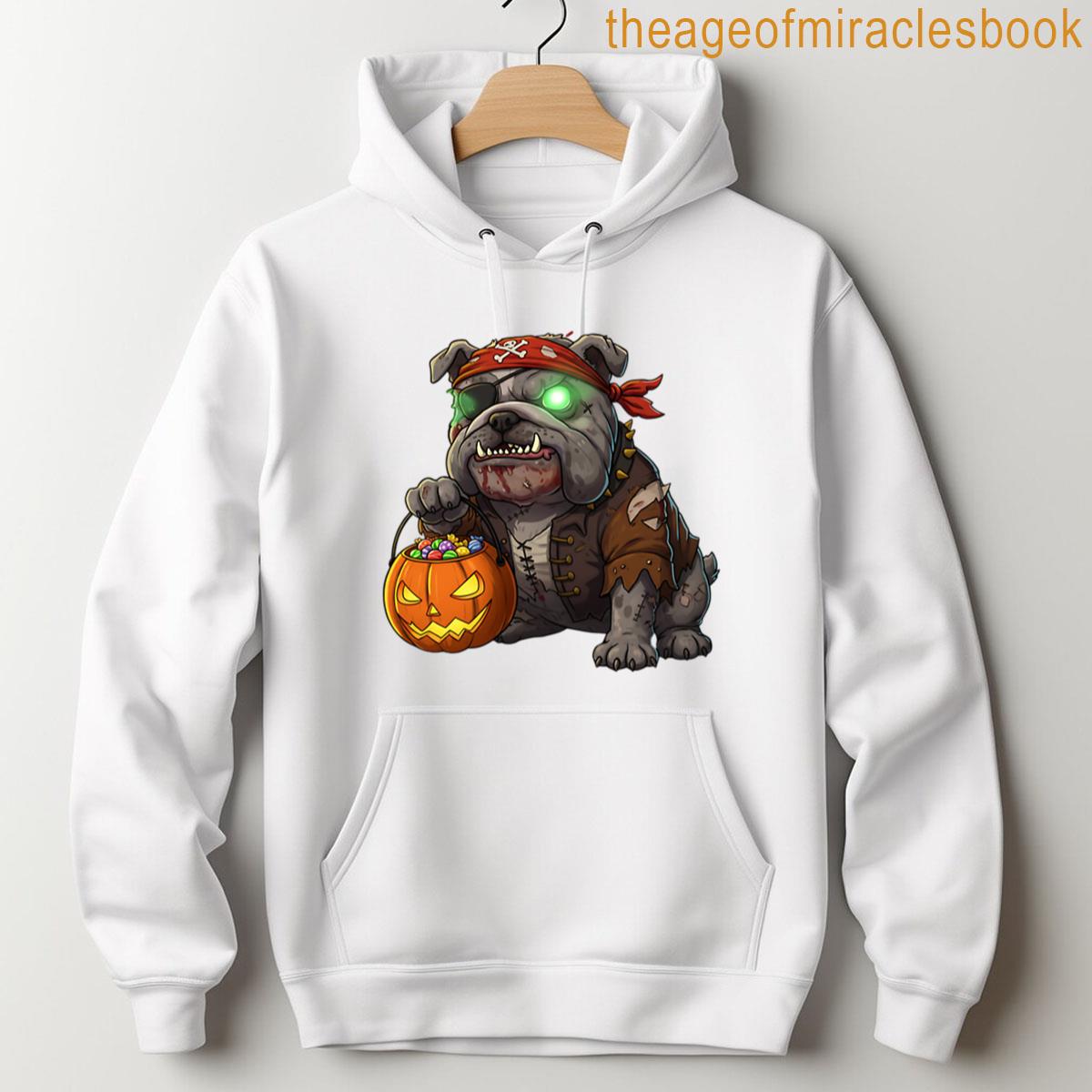 Alternative view of Zombie Pirate Bulldog Halloween Dog Art With Pumpkin T-shirt