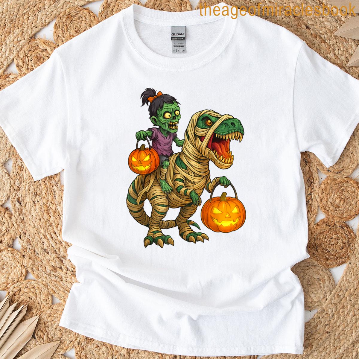 Zombie Girl Riding Mummy T Rex Halloween Kids Trick Or Treat T-shirt