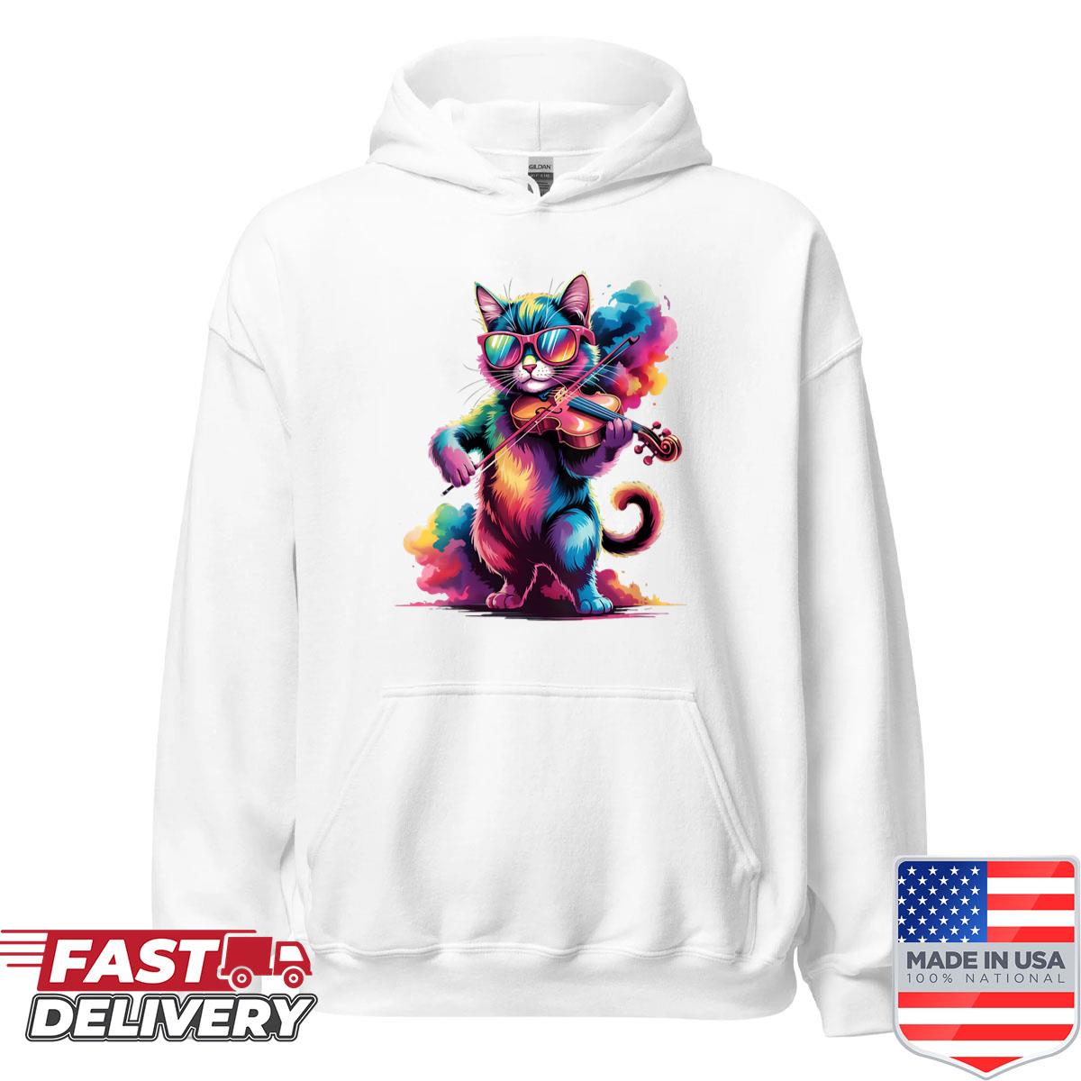 Alternative view of Womens Cat Playing Violin Poster Style Colorful Paint Splatter Shirt