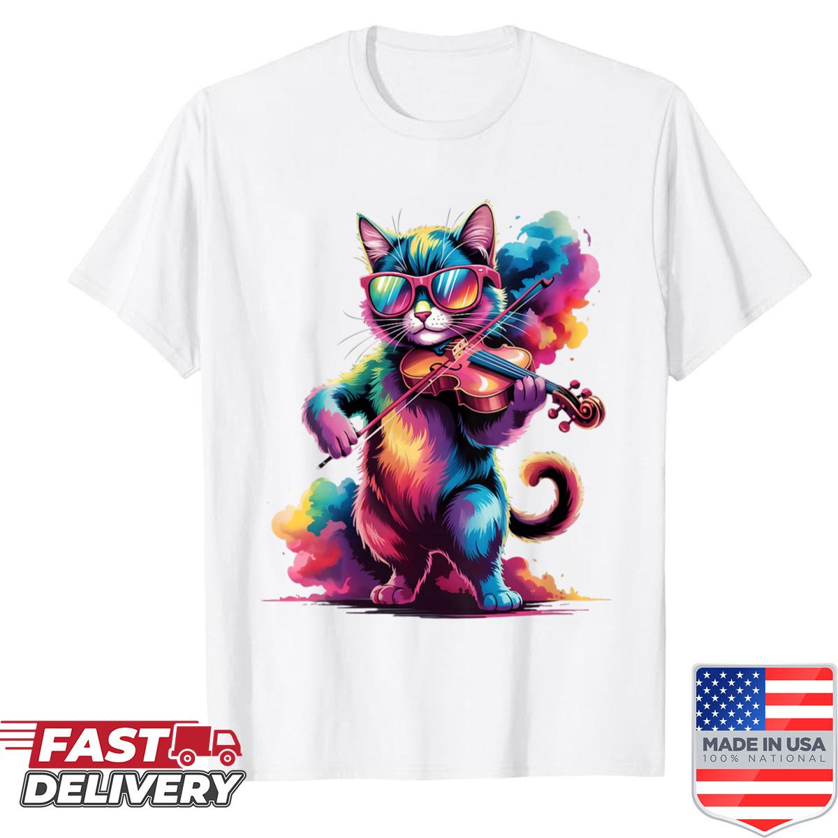 Womens Cat Playing Violin Poster Style Colorful Paint Splatter Shirt