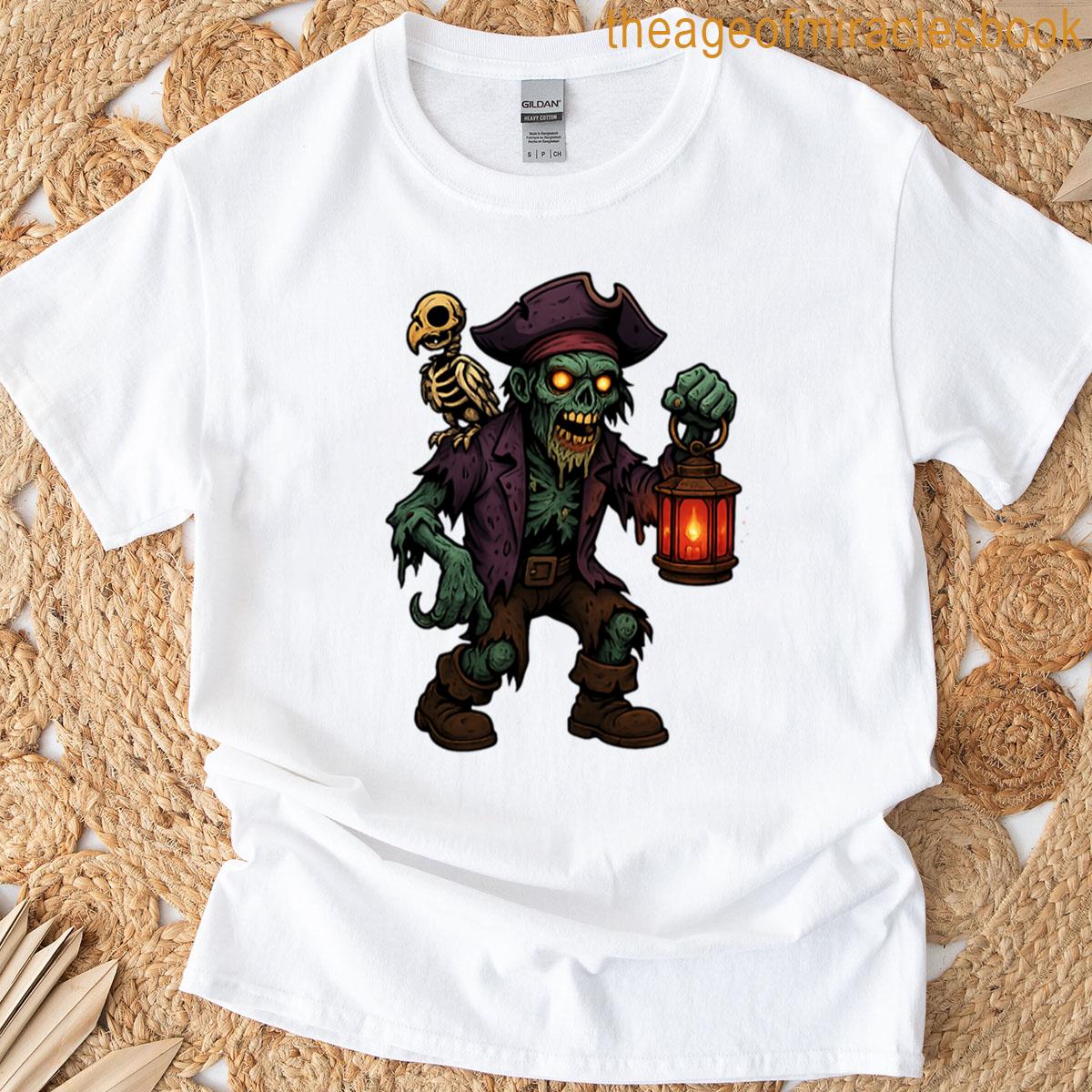 Zombie Pirate With Skeletal Parrot And Red Lantern T-shirt