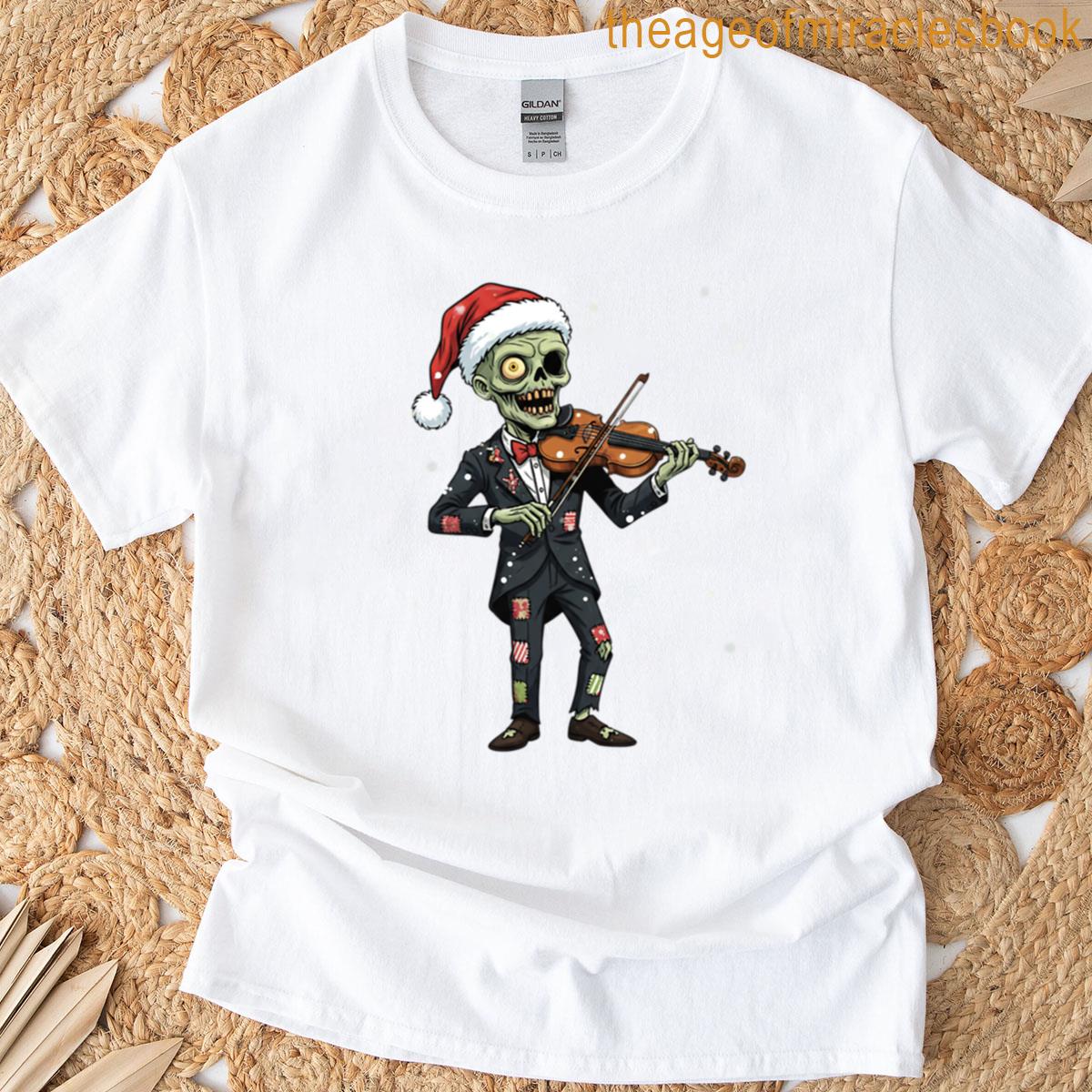 Zombie Violinist Playing Music In Snow For Man Funny Christmas Undead Art Winter Horror Illustration T-shirt