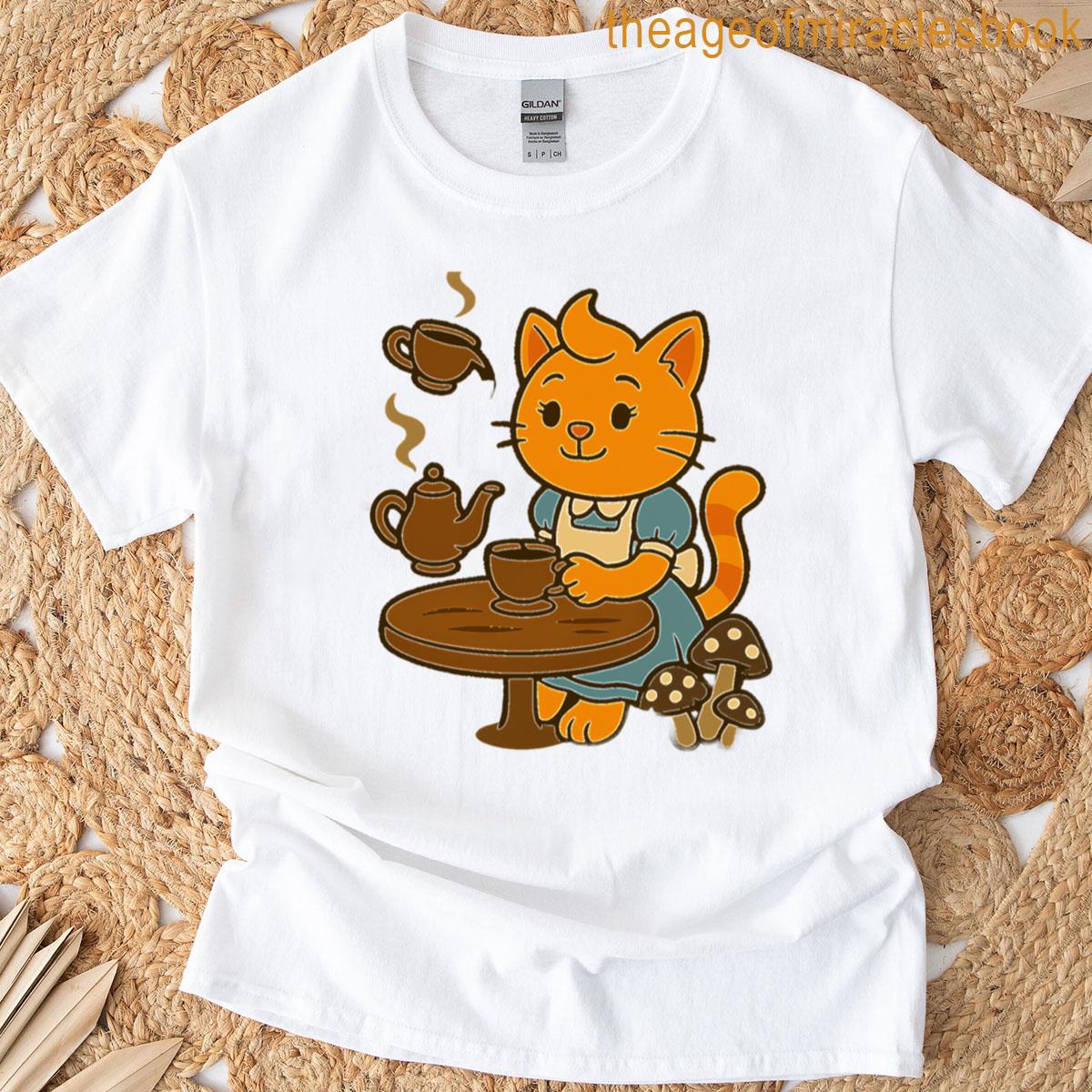 Alice-inspired Orange Cat At A Spooky Tea Party Cute Halloween Cartoon Illustration T-shirt
