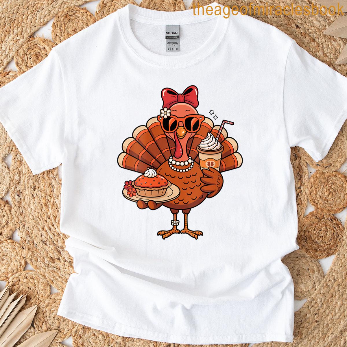 Womens Turkey Drinking Coffee Bow Thanksgiving Womens Turkey Day T-shirt