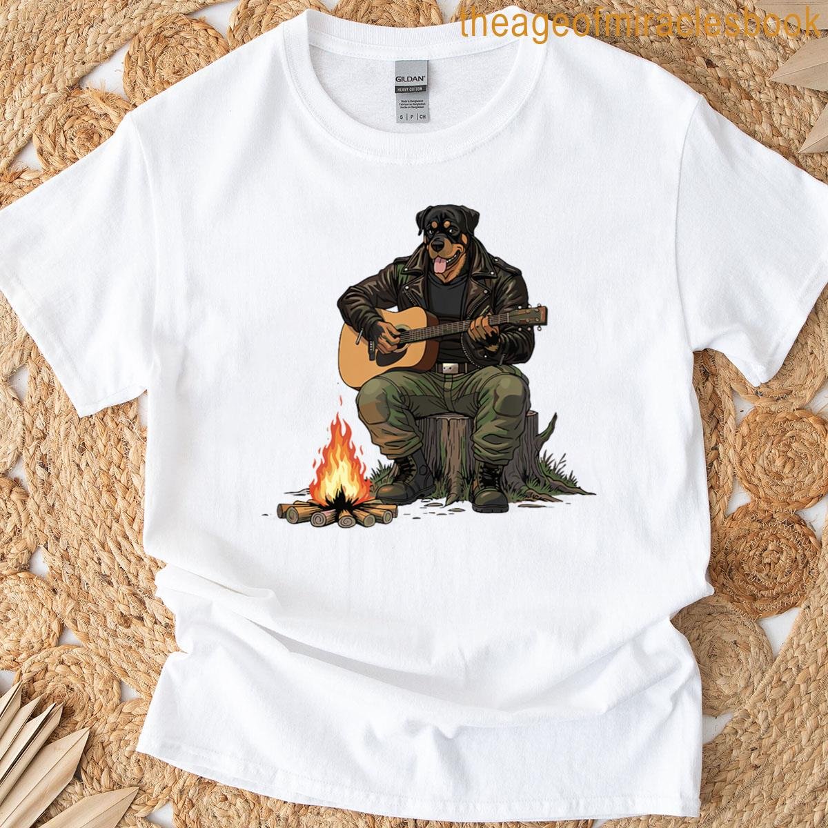 Acoustic Campfire Rottweiler Biker Dog Playing Guitar T-shirt