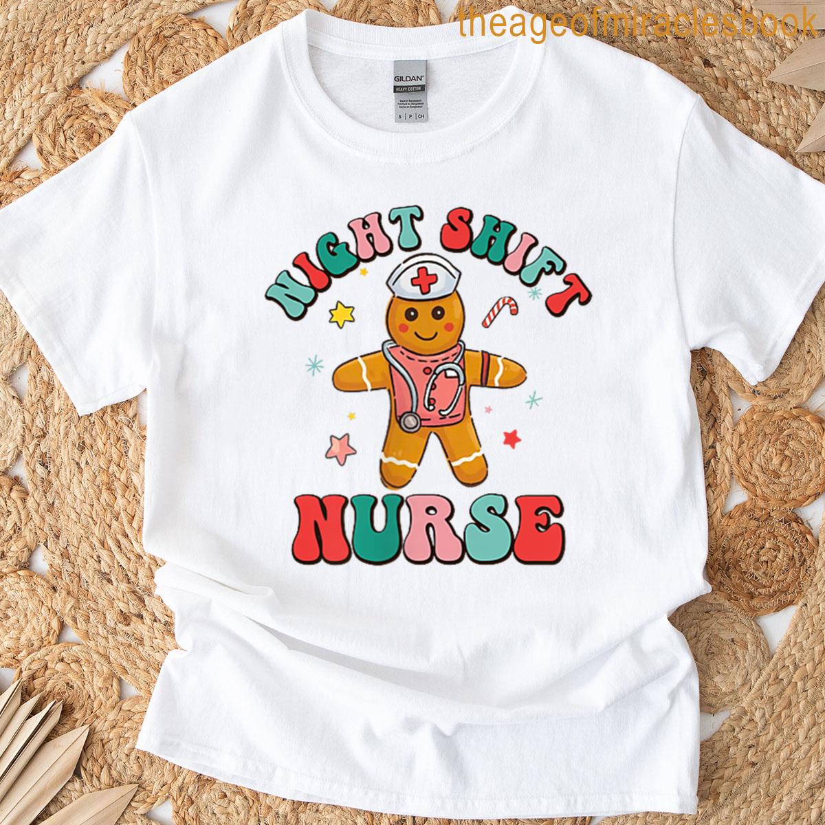 2 Sided Night Shift Squad Christmas Nurse Cute Gingerbread T-shirt