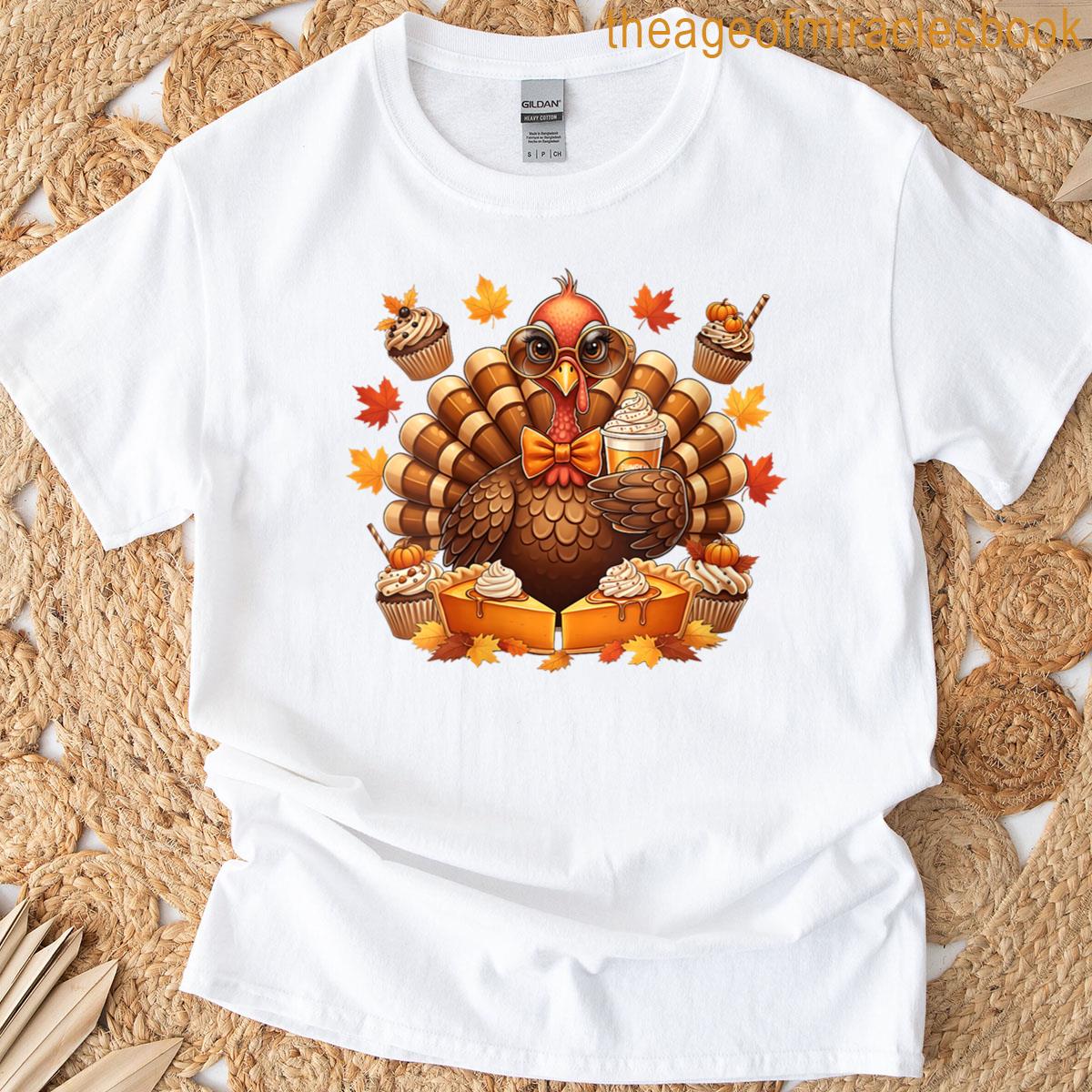 Womens Turkey Drinking Pumpkin Spice Latte Bow Thanksgiving Womens T-shirt