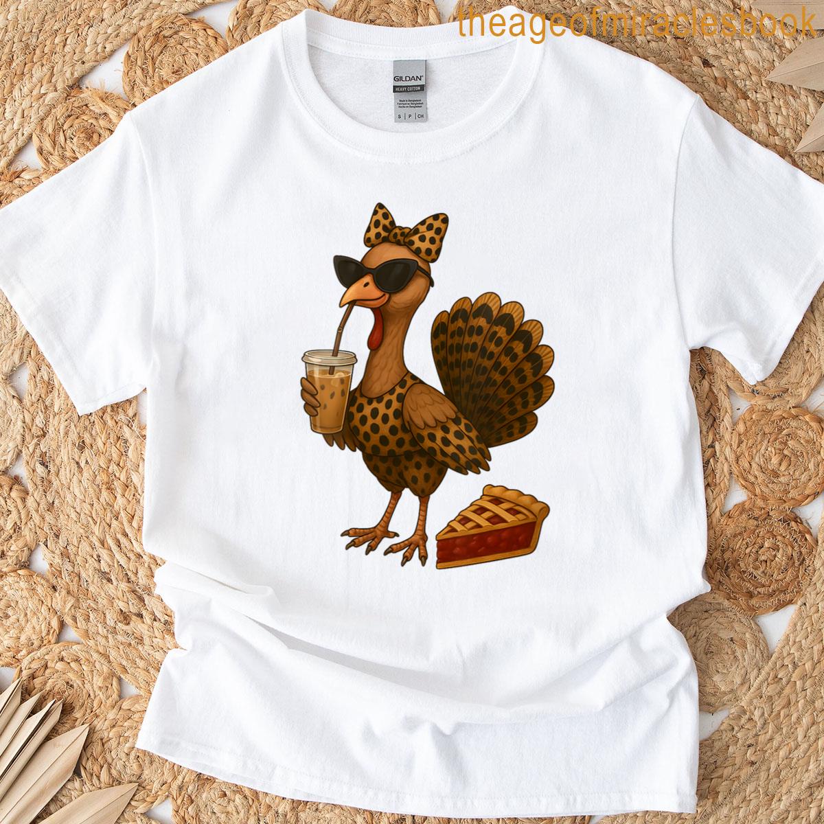 Womens Turkey Drinking Coffee Bow Thanksgiving Day Womens T-shirt