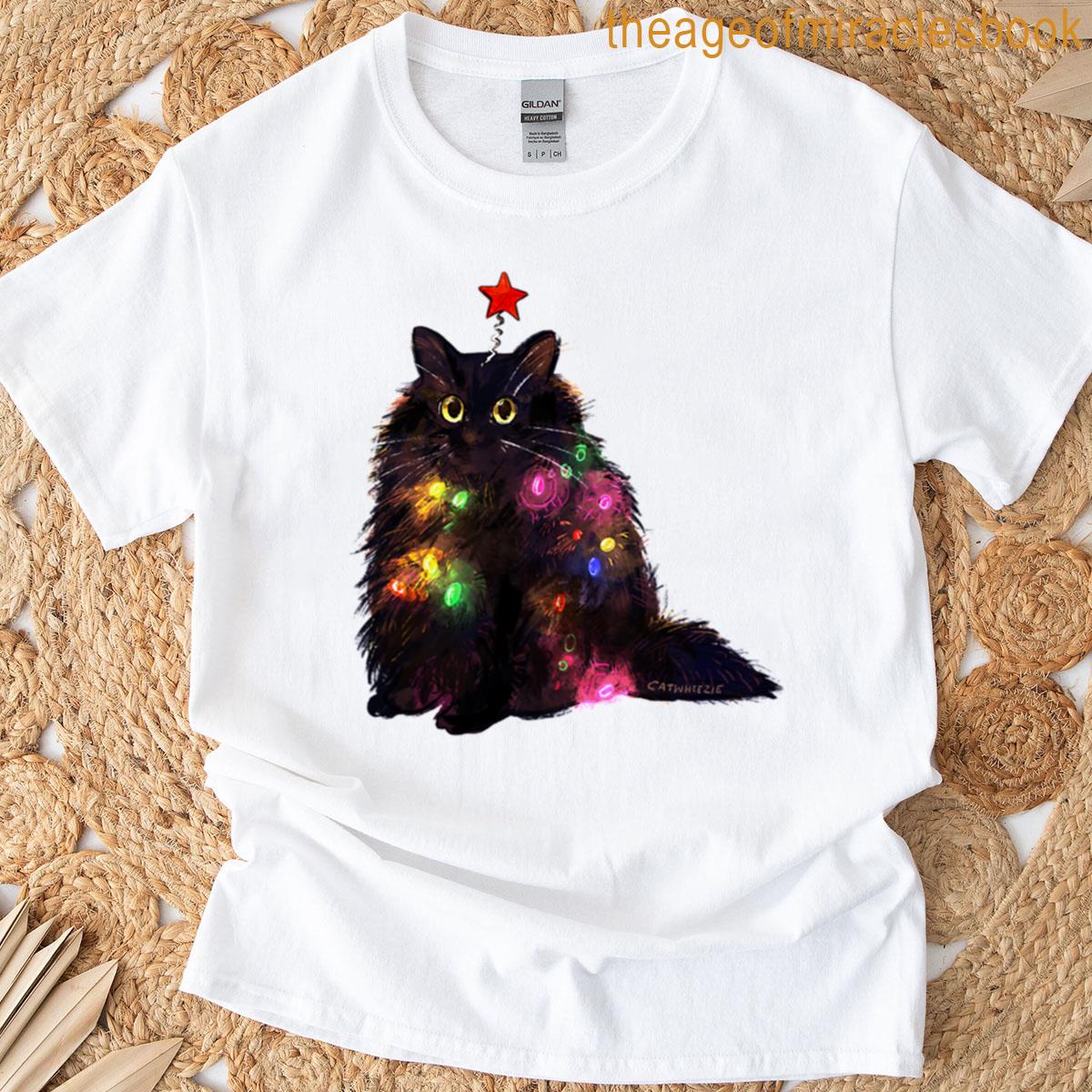 12 Day Of Catmas Day 1 Christmas Lights Black Cat T-shirt