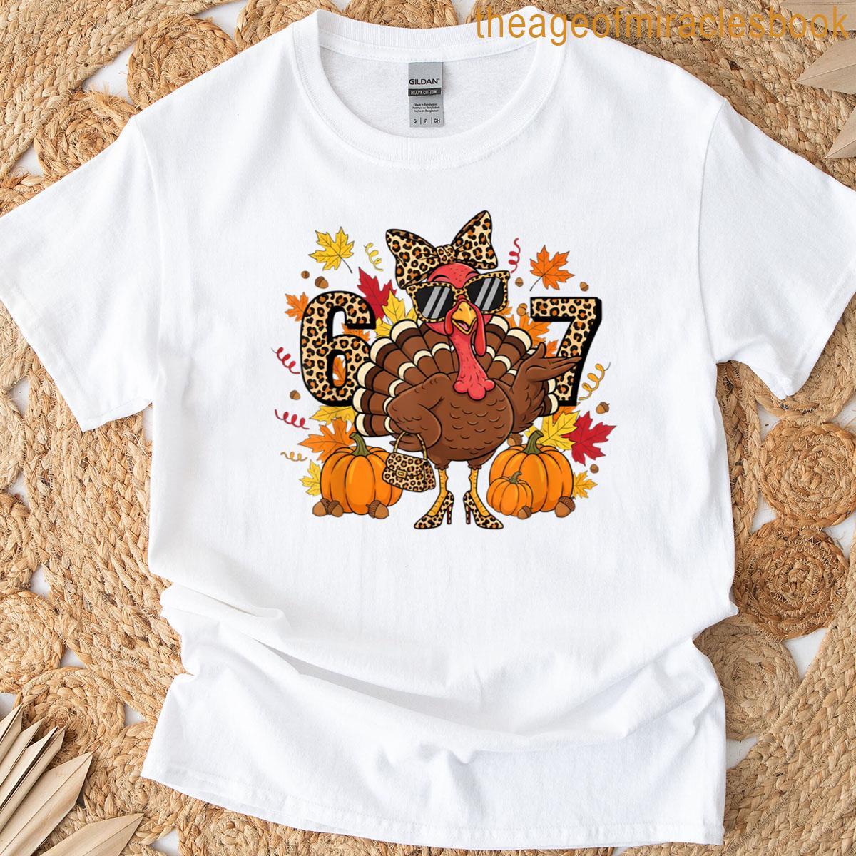 6 7 Thanksgiving Funny Leopard Bow Turkey Six Seven Teacher T-shirt