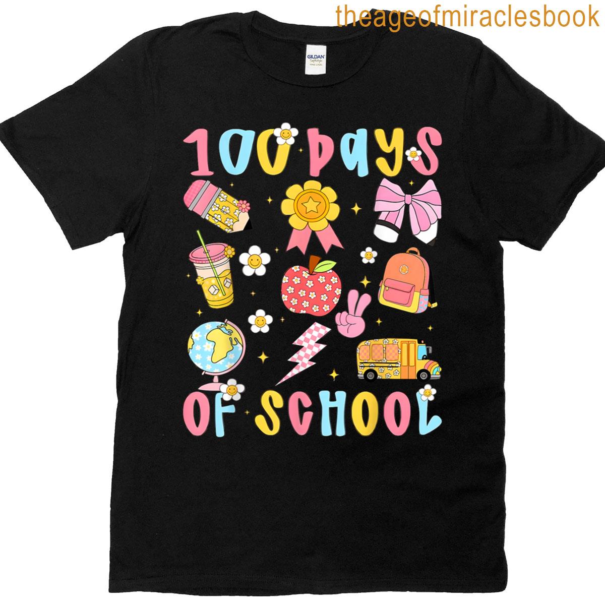 100 Days Of School Apple Rainbow Bow Book Teacher Girl Women T-shirt