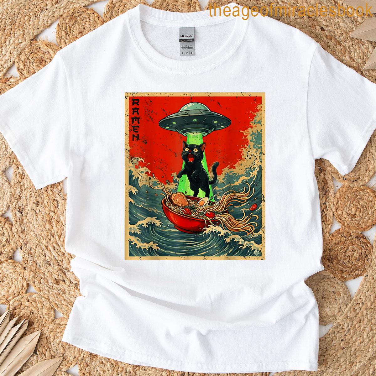 Vintage Japanese Cat Alien Ramen Dad Ufo Funny Cats Graphics T-shirt
